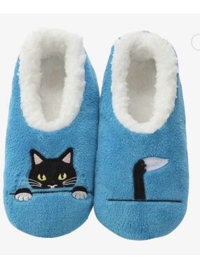 Cute Cat Snoozies Slippers NWT Blue Plush Fleece Lined House Shoe size 7/8